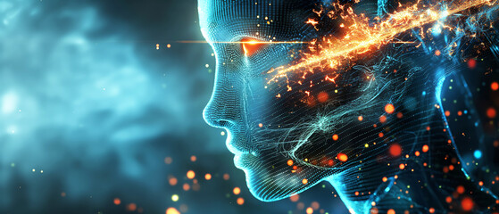 A woman's face is shown in a blue background with orange sparks. Concept of futuristic technology and a futuristic. Androgynous robot face pushing fractal pattern grid in outer space, fantasy,