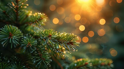 Close-up of evergreen pine tree branch with morning dew and golden sun bokeh in background, creating a serene and magical nature scene.