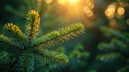 Close-up of evergreen pine tree branch with needles, glowing in the warm sunlight, creating a tranquil forest atmosphere, nature background.