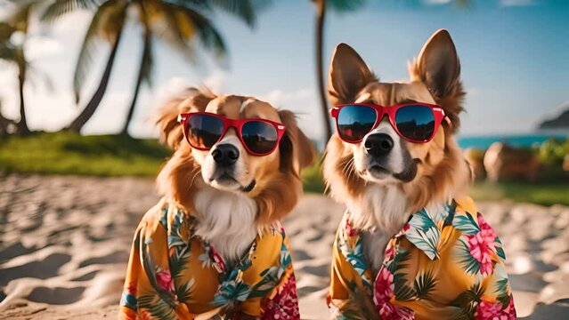 Two adorable dogs in Hawaiian shirts and sunglasses enjoying a tropical beach during summer vacation