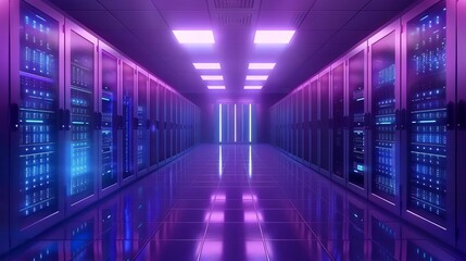 3D rendering of a modern server room with rows of highspeed super computers powering software and data storage for cloud technology