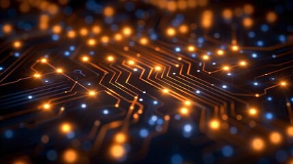 A close-up shot of an illuminated circuit board with orange lights in the background