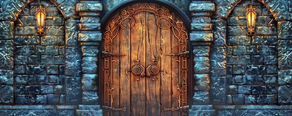 A wooden door with an ornate lock and key, in the fantasy style, in the style of dungeons  dragons, game design, in the fantasy artstyle, game background, game UI
