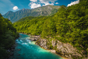 Soca river and high mountains in background, Kobarid, Slovenia