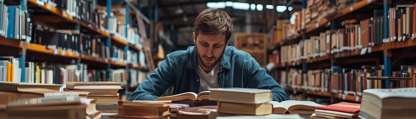 Book lover reading at a makeshift desk in a warehouse, surrounded by literature, lost in pages