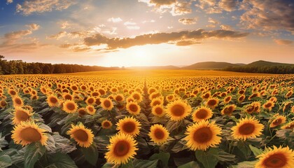 Obraz premium A breathtaking view of a vast sunflower field at sunset. The golden sunflowers stretch out to the horizon, their bright petals glowing under the warm light of the setting sun.