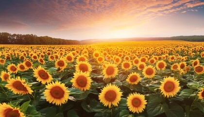 Obraz premium A breathtaking view of a vast sunflower field at sunset. The golden sunflowers stretch out to the horizon, their bright petals glowing under the warm light of the setting sun.