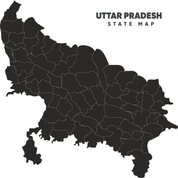 Uttar Pradesh vector map on white background. Location map of UP, a state in North India. Uttara map vector illustration. with white strokes for districts. Meerut, Banaras, kashi