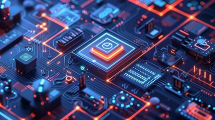 Obraz premium Close-up of a futuristic circuit board with glowing neon elements, representing advanced technology and innovation in digital electronics.