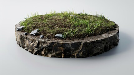 Round piece of land covered with grass and rocks floating on white background