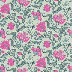Floral vintage seamless pattern in Jacobean style for retro wallpapers. Enchanted Vintage Flowers. Chintz inspired. Design for wrapping paper, wallpaper, fabrics and fashion clothes.