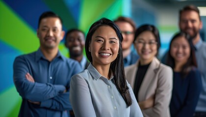 Obraz premium Smiling business professionals in a modern office. Corporate team with diverse members.