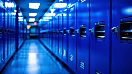 changing room - corridor with blue lockers on both sides. this is a school or gymnasium. Artificial lighting