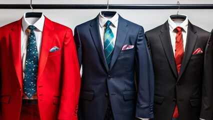 suits on mannequins.  All have handkerchiefs in their pockets that match the color of their ties. This image can be related to clothing design, store windows 