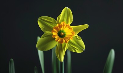 Beautiful yellow daffodil on a dark background. Concept of spring flowers.