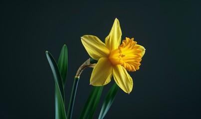 Beautiful yellow daffodil on a dark background. Concept of spring flowers.