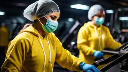 Fototapeta premium cleaners dressed in yellow jackets, gloves and hats. They wash and clean the sports hall
