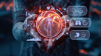 Digital Health Analysis, Hands holding holographic health data, Modern Medical Technology.