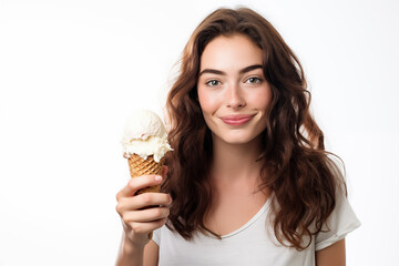 Young pretty brunette girl over isolated white background with a cornet ice cream