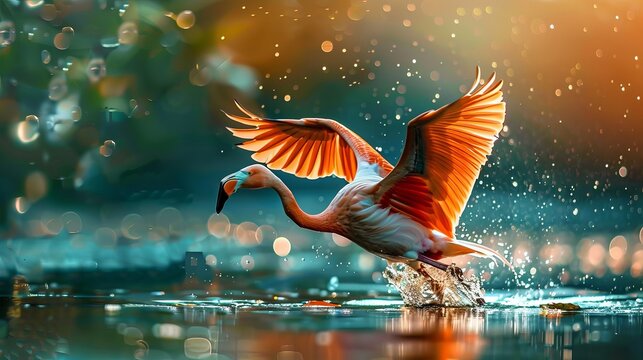 Colorful flamingo by the water. Flamingo bird as a wall decoration. Bird wallpaper. Flamingo's graceful wings in flight. Wall art of a flamingo. Migrant bird found in India's Bhigwan.