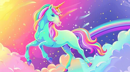 Colorful unicorn on a rainbow background with white clouds. Design for cards, flyers, banner, and more.