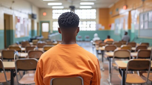 Inmate completing a degree program, proud and hopeful, modern classroom