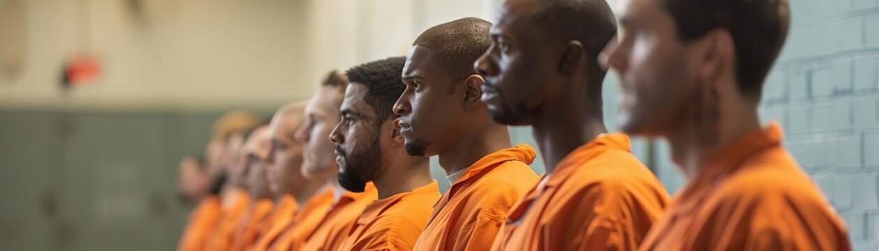 Inmates in orange jumpsuits standing in a line inside a correctional facility, showcasing the prison environment and inmate uniformity.