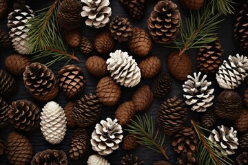 Fototapeta premium Top view of various pine cones and pine needles artfully arranged on a dark background