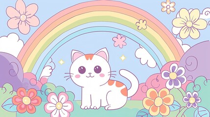 Cute cat, rainbow, and flowers cartoon drawing. Great for kids' clothing or other products.