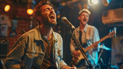 Obraz premium Live band performing on stage with charismatic lead singer and guitarist, energetic performance, vibrant lighting, and passionate expressions.