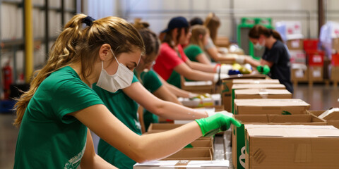 A group of volunteers packing food supplies into boxes at a local food bank