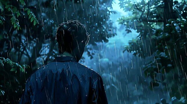 A man pondering amidst a downpour in the forest. Anime or digital painting style, looping 4k video animation background