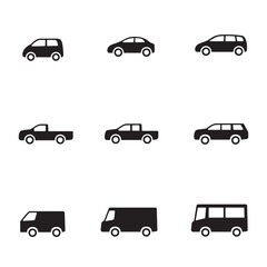 Different types of car icons set. Vehicle collection