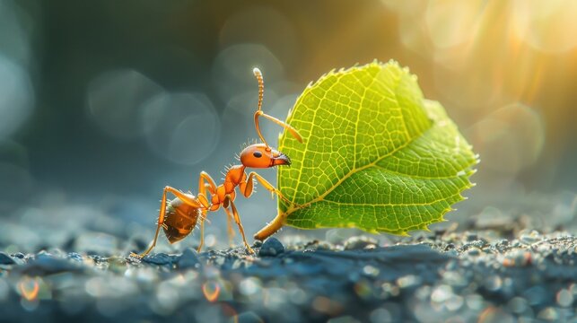 An extreme close-up shot of an ant carrying a leaf, with the fine details of its body and the texture of the leaf in sharp focus. The image highlights the strength and industrious nature of this tiny