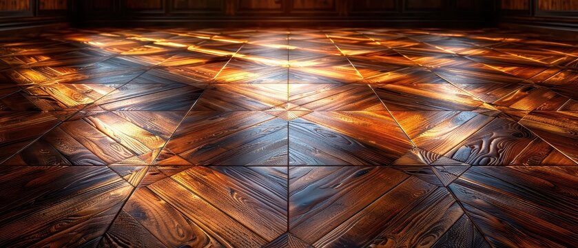 Elegant, polished hardwood floor with intricate parquet pattern illuminated by soft, natural light in a classic interior setting.