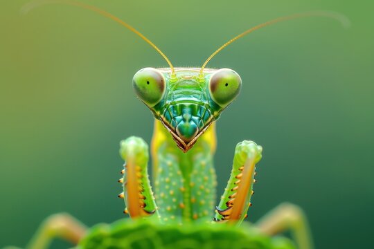 An extreme close-up shot of a praying mantis perched on a leaf, with the fine details of its body and legs in sharp focus. The background is softly blurred to emphasize the fascinating structure of