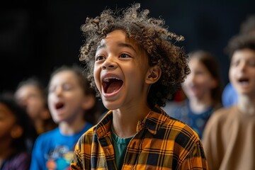 Student feeling excited about participating in a school play, vibrant stage, rehearsing with classmates