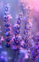 Close-up of lavender flowers in a field, with a soft, dreamy background.