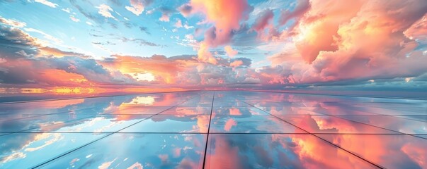 Surreal sky reflection with vibrant sunset colors on a glossy surface, blending nature's beauty and modern symmetry in a mesmerizing scene.