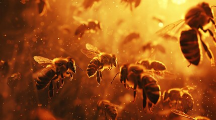 Fototapeta premium A swarm of bees flying in a golden light, with a soft focus background.
