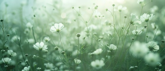 Soft focus photo of white flowers blooming in a field.