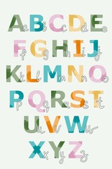 Colorful pastel alphabet poster with watercolor spots and with lowercase letters for wall decor at nursery, 15.7x23.6 inch