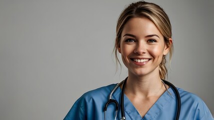 Smiling Female Nurse in Blue Scrubs with Stethoscope