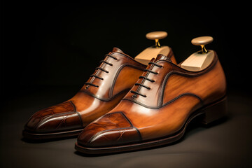 Pair of brown shoes on black background