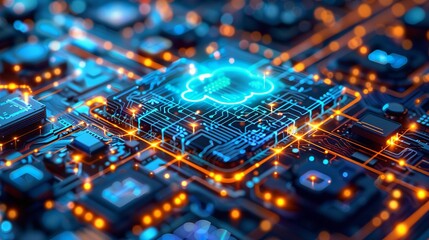 A close-up image of a processor chip with a cloud icon, representing the concept of cloud computing in a data center network