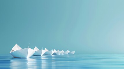 White paper boats in a row on blue background and one paperboat going in different direction, breaking new grounds and ndividualism concept. 
