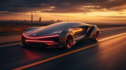 Naklejka premium Futuristic sports car on highway at sunset, symbolizing modern design and luxury