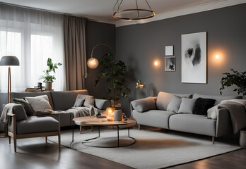 Interior of living room with cozy grey sofa, armchair and glowing lamps.AI generated
