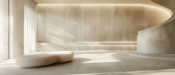 Modern minimalist interior featuring a curved staircase and a sleek, light-filled space with soft, neutral tones. The clean lines and uncluttered design emphasize simplicity and elegance.