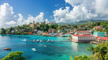 Fototapeta premium View of Saint George's harbor, capital of Grenada island AI generated